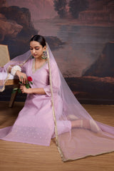 Pink Chanderi Cotton Silk Kurta, Pant & Net Dupatta with Lining.