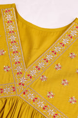 Yellow Silk blend Alia-Cut Embroidered Kurta with Pant & Net Dupatta