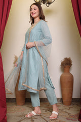 Chanderi Cotton Silk Kurta, Pant, & Net Dupatta with Lining.