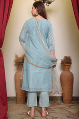 Chanderi Cotton Silk Kurta, Pant, & Net Dupatta with Lining.