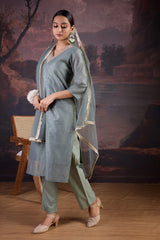 Chanderi Cotton Silk Kurta, Pant, & Net Dupatta with Lining.