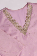 Pink Chanderi Cotton Silk Kurta, Pant & Net Dupatta with Lining.