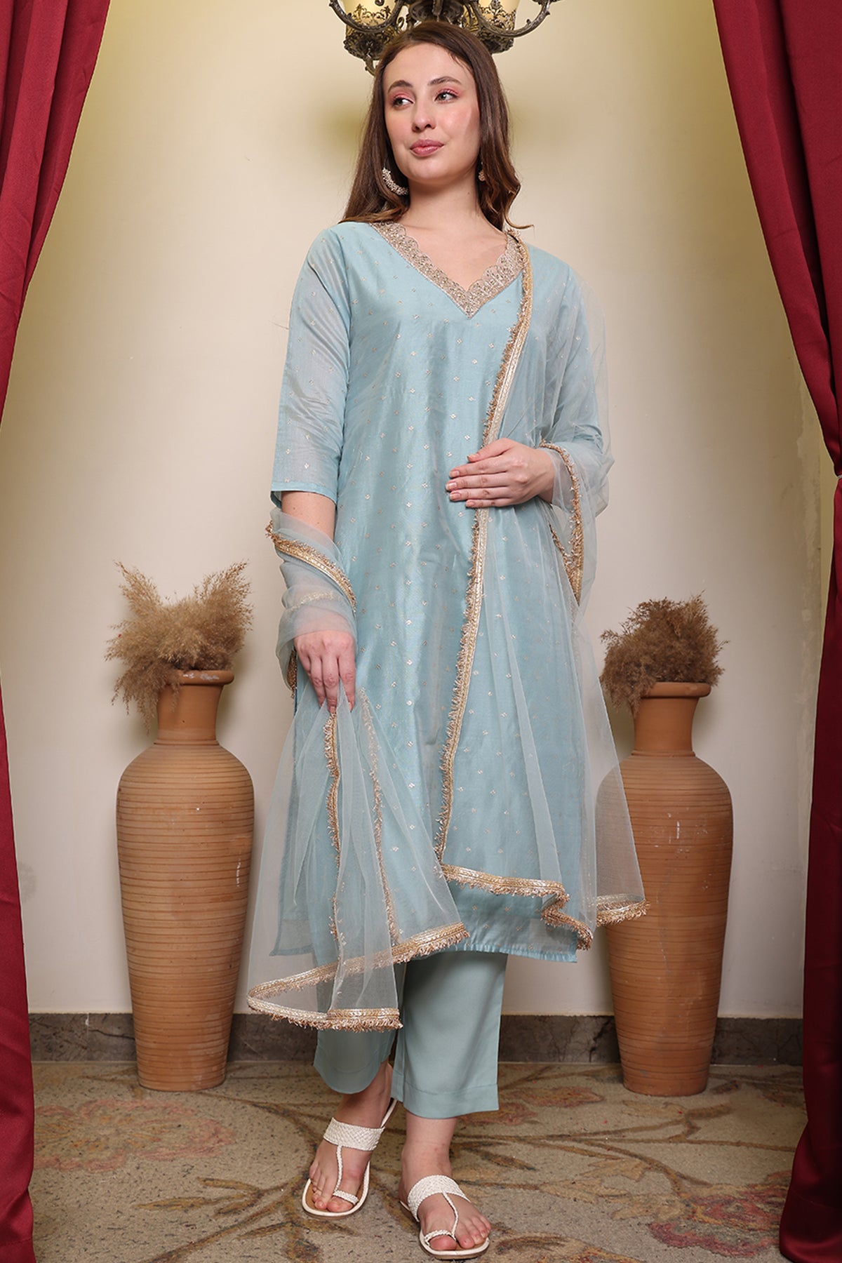 Chanderi Cotton Silk Kurta, Pant, & Net Dupatta with Lining.