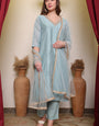 Chanderi Cotton Silk Kurta, Pant, & Net Dupatta with Lining.