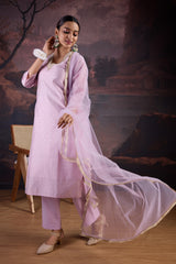 Pink Chanderi Cotton Silk Kurta, Pant & Net Dupatta with Lining.