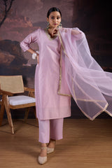 Pink Chanderi Cotton Silk Kurta, Pant & Net Dupatta with Lining.