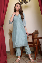 Chanderi Cotton Silk Kurta, Pant, & Net Dupatta with Lining.