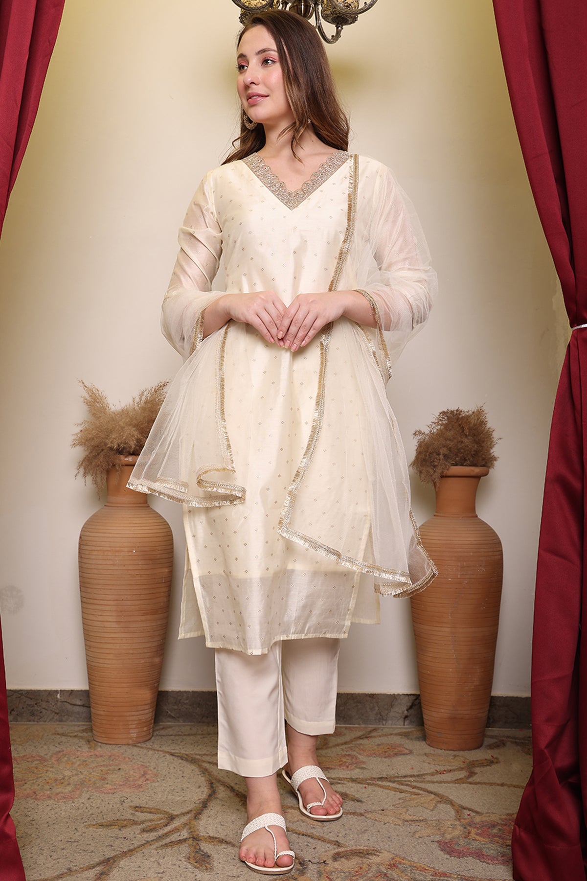 Chanderi Cotton Silk Kurta, Pant, & Net Dupatta with Lining.