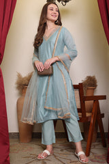 Chanderi Cotton Silk Kurta, Pant, & Net Dupatta with Lining.