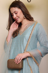 Chanderi Cotton Silk Kurta, Pant, & Net Dupatta with Lining.