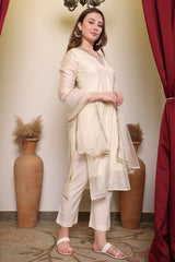 Chanderi Cotton Silk Kurta, Pant, & Net Dupatta with Lining.