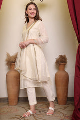 Chanderi Cotton Silk Kurta, Pant, & Net Dupatta with Lining.