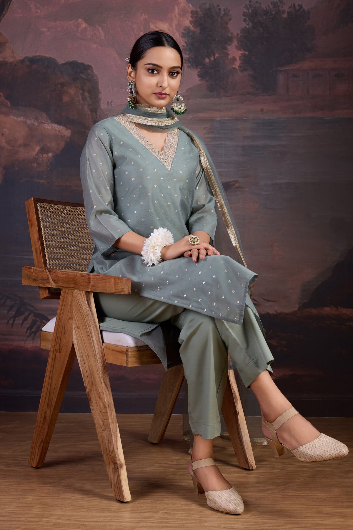 Chanderi Cotton Silk Kurta, Pant, & Net Dupatta with Lining.