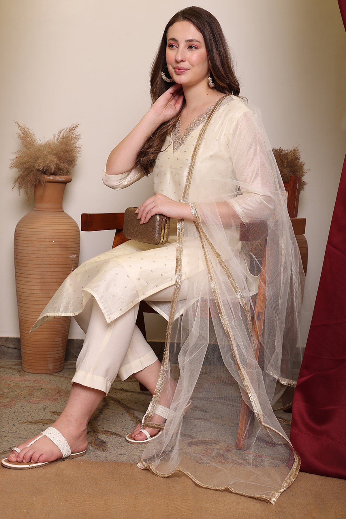 Chanderi Cotton Silk Kurta, Pant, & Net Dupatta with Lining
