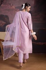 Pink Chanderi Cotton Silk Kurta, Pant & Net Dupatta with Lining.