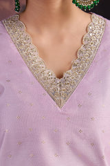 Pink Chanderi Cotton Silk Kurta, Pant & Net Dupatta with Lining.