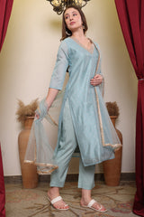 Chanderi Cotton Silk Kurta, Pant, & Net Dupatta with Lining.