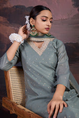 Chanderi Cotton Silk Kurta, Pant, & Net Dupatta with Lining.