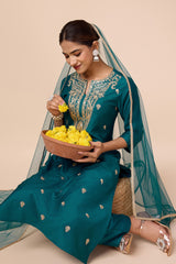 Teal Silk Blend Embroidered Kurta with Pant & Net Dupatta