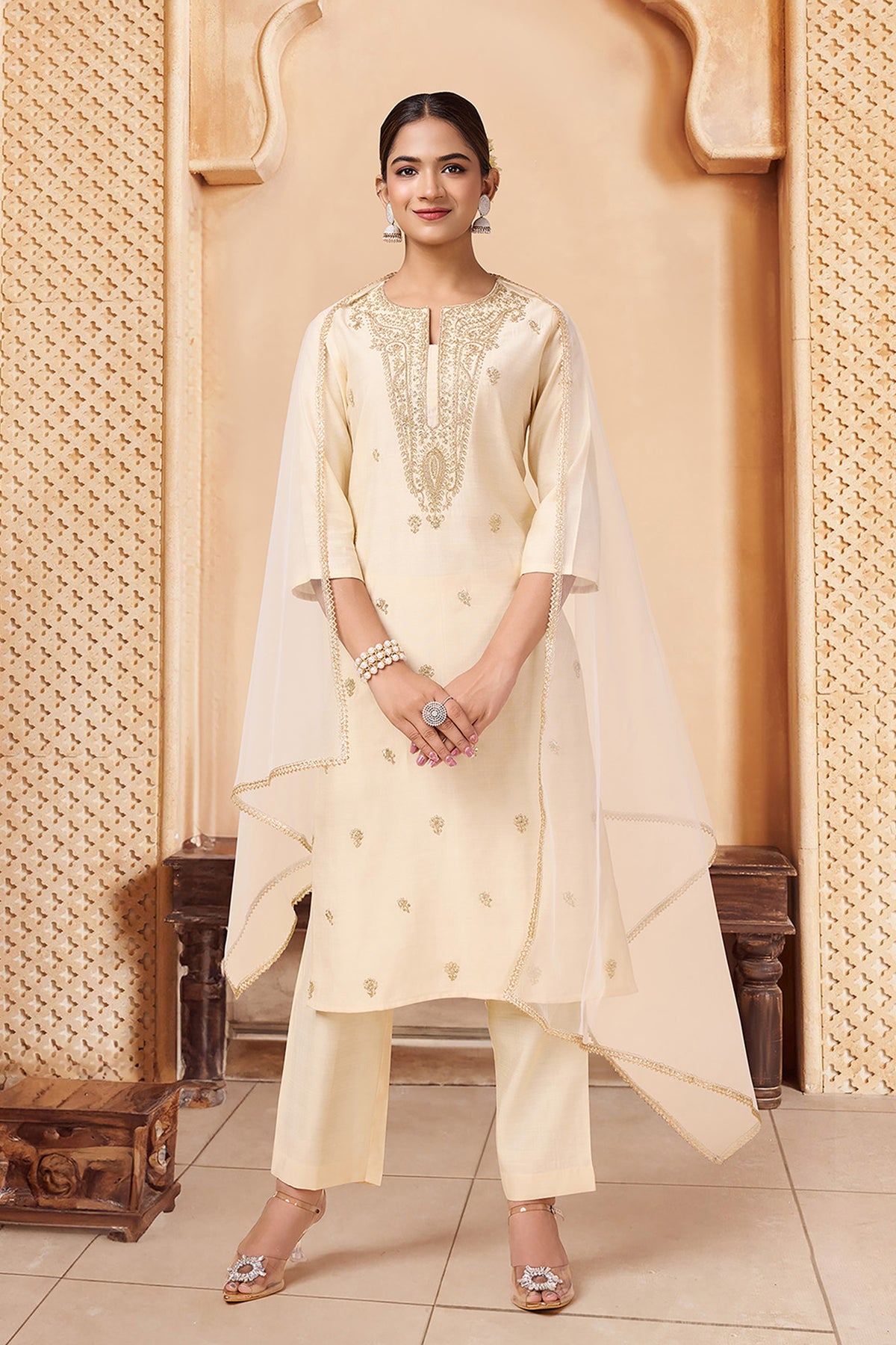 Silk Blend Embroidered Kurta with Pant & Net Dupatta