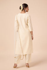 Silk Blend Embroidered Kurta with Pant & Net Dupatta