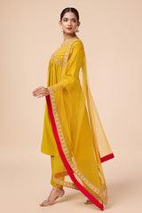 Yellow Silk blend Alia-Cut Embroidered Kurta with Pant & Net Dupatta