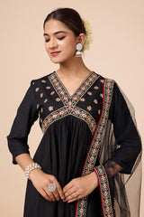 Black Silk Blend Alia-Cut Kurta, Pant & Net Dupatta