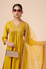 Yellow Silk blend Alia-Cut Embroidered Kurta with Pant & Net Dupatta