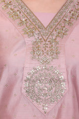 Pink Embroidered V-Neck Chanderi Kurta with Silk Pant & Net Dupatta