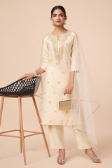 Silk Blend Embroidered Kurta with Pant & Net Dupatta