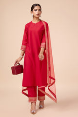 Red Silk Blend Kurta with Pant & Embroidered lace border Dupatta