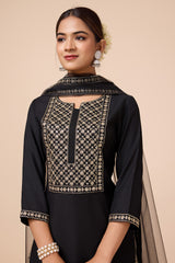 Black Silk Blend Embroidered Kurta, Pant & Net Dupatta