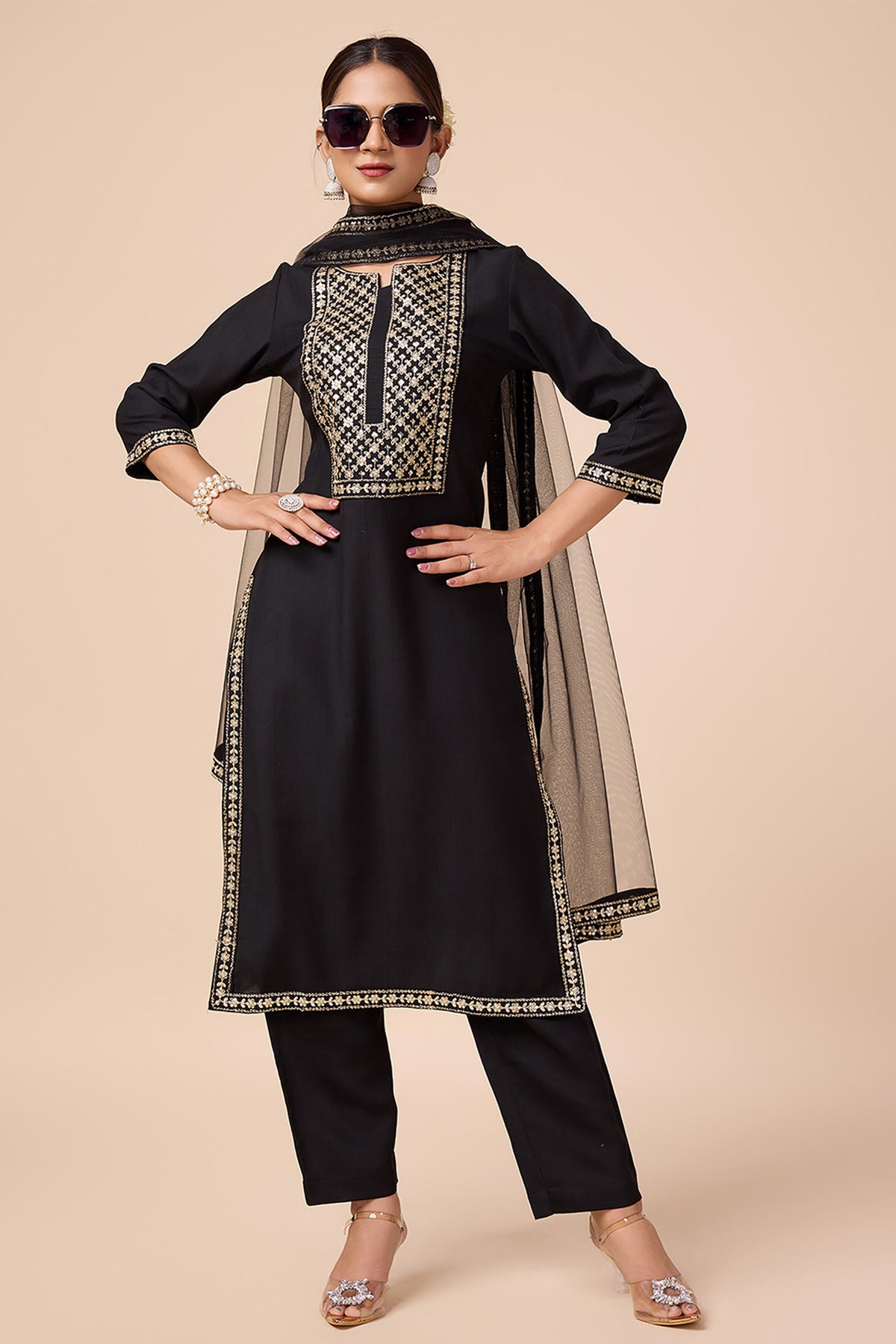 Black Silk Blend Embroidered Kurta, Pant & Net Dupatta