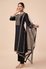 Black Silk Blend Embroidered Kurta, Pant & Net Dupatta