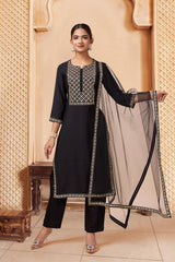 Black Silk Blend Embroidered Kurta, Pant & Net Dupatta