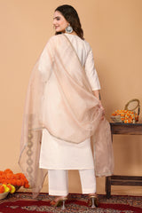 Cotton Blend Embroidered Kurta with Pant & Organza Dupatta