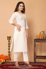 Cotton Blend Embroidered Kurta with Pant & Organza Dupatta