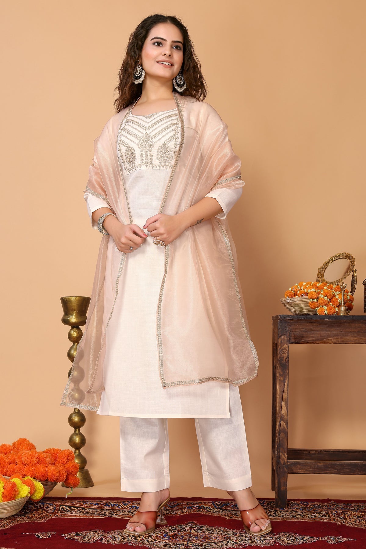 Cotton Blend Embroidered Kurta with Pant & Organza Dupatta