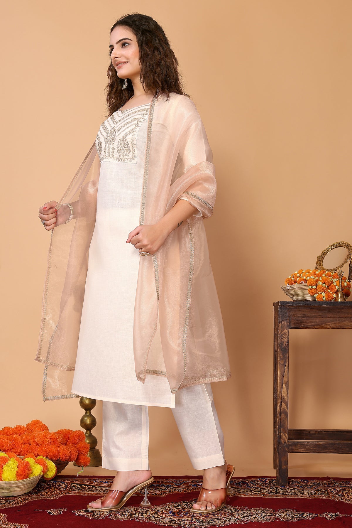 Cotton Blend Embroidered Kurta with Pant & Organza Dupatta