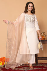 Cotton Blend Embroidered Kurta with Pant & Organza Dupatta