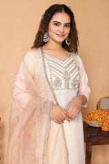 Cotton Blend Embroidered Kurta with Pant & Organza Dupatta