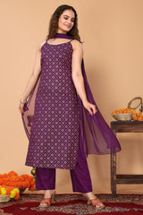 Purple Bandhani Foil Printed Kurta with Pant, & Dupatta