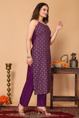 Purple Bandhani Foil Printed Kurta with Pant, & Dupatta