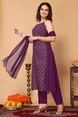 Purple Bandhani Foil Printed Kurta with Pant, & Dupatta