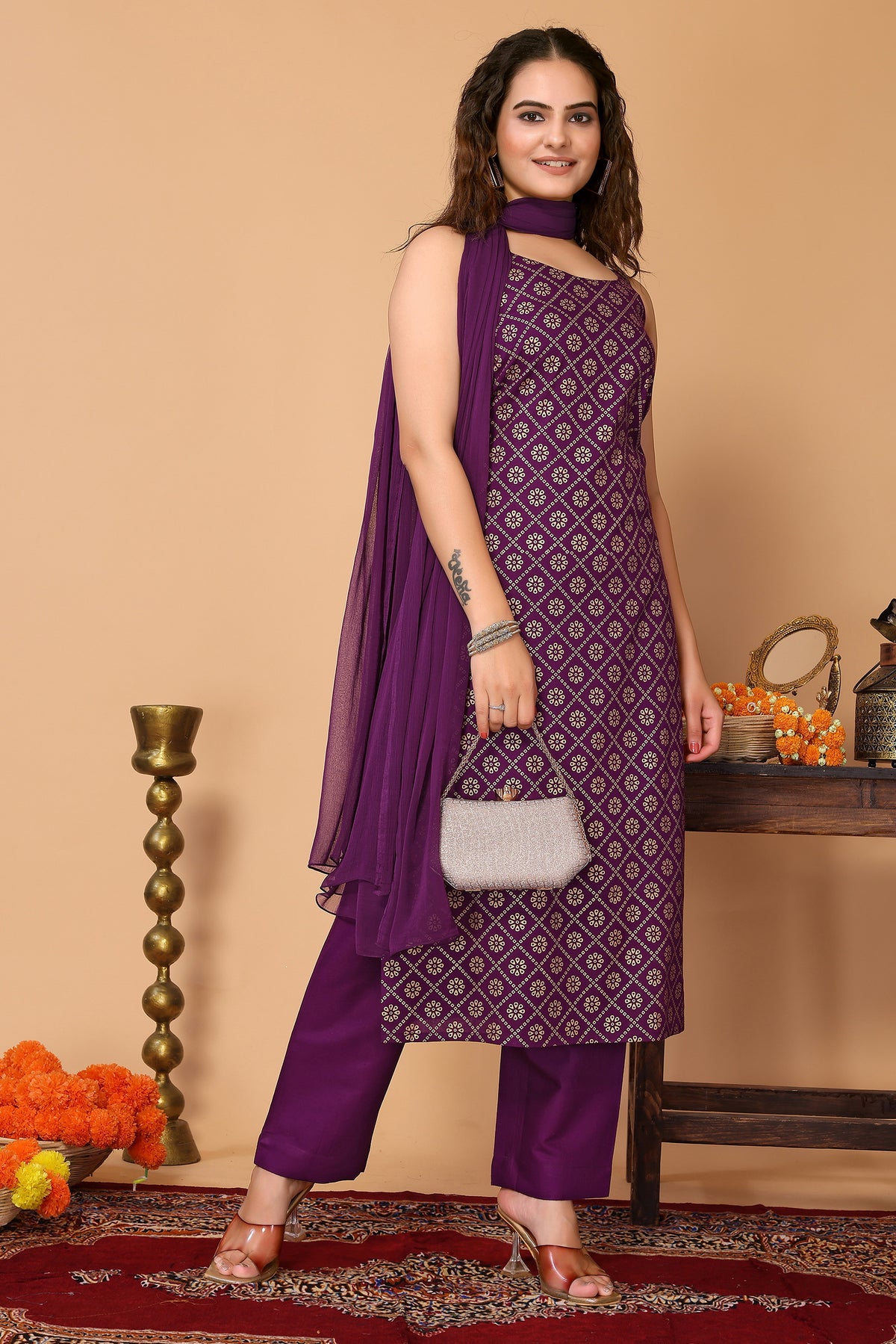 Purple Bandhani Foil Printed Kurta with Pant, & Dupatta