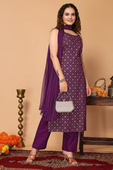 Purple Bandhani Foil Printed Kurta with Pant, & Dupatta