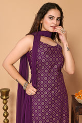 Purple Bandhani Foil Printed Kurta with Pant, & Dupatta