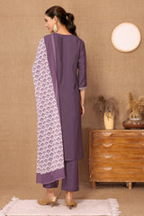 Silk Blend Embroidered V-Neck Kurta, Pant, and Printed Dupatta Set.