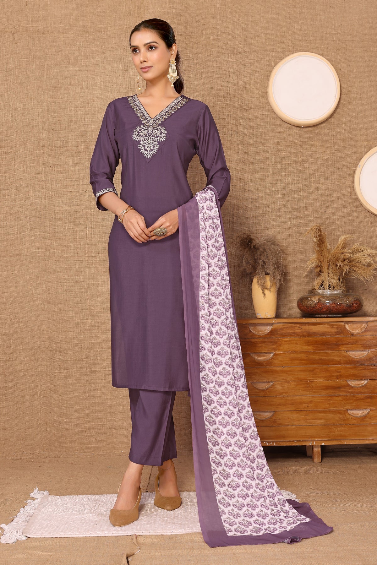 Silk Blend Embroidered V-Neck Kurta, Pant, and Printed Dupatta Set.