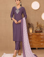 Silk Blend Embroidered V-Neck Kurta, Pant, and Printed Dupatta Set.